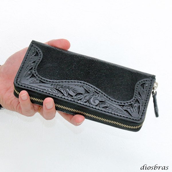 画像6: 財布 ラウンドファスナー メンズ レディース 本革 サドルレザー エイ革 透かし カービング スティングレイ  スティングレー ガルーシャ ファスナー ウォレット ラウンド ジッパー 財布 ヌメ革 レザーウォレット ロングウォレット バイカー 長財布 牛革 紳士 婦人 (6)