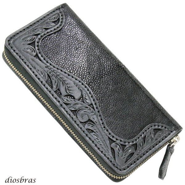 画像2: 財布 ラウンドファスナー メンズ レディース 本革 サドルレザー エイ革 透かし カービング スティングレイ  スティングレー ガルーシャ ファスナー ウォレット ラウンド ジッパー 財布 ヌメ革 レザーウォレット ロングウォレット バイカー 長財布 牛革 紳士 婦人 (2)