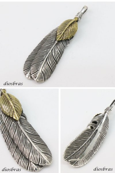 画像2: シルバー925 フェザー 二枚フェザー ペンダント ゴールド トップ フェザーネックレス ハンドメイドネックレス インディアンジュエリー ネイティブ シルバー925ペンダント フェザー イーグル  パーツ ネックレス メンズ レディース メール便なら送料無料 (2)