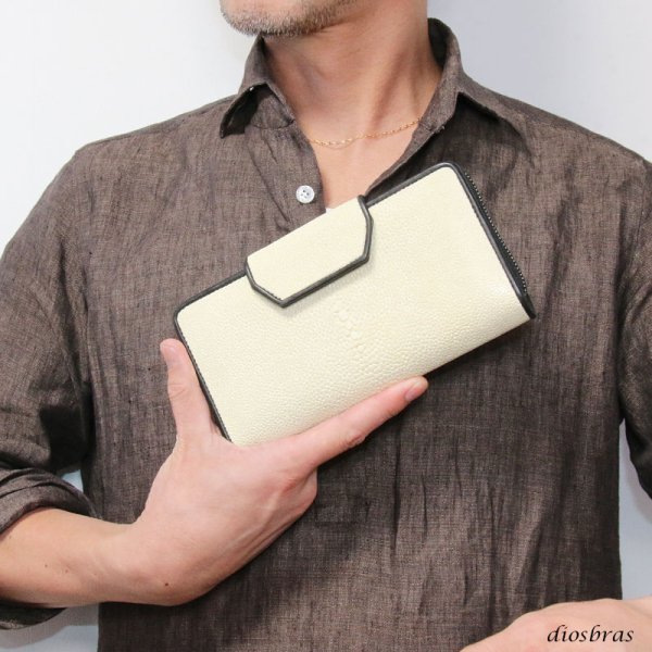 画像2: 財布 スティングレイ ガルーシャ 財布 スティングレー エイ革 ラウンドファスナー メンズ レディース 本革 エイ革 大人気 ウォレット ラウンド ジッパー ZIPPER ヌメ革 レザーウォレット ロングウォレット バイカー 長財布 牛革 紳士 婦人 バニラホワイト (2)