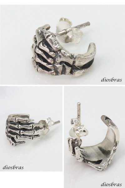 画像2: ピアス スカル ボーン 骸骨 ハンド フープ リング シルバー９２５ メンズ レディース 激安ピアス アクセサリー スカルフープ 本物シルバー９２５ 片方ピアス (2)