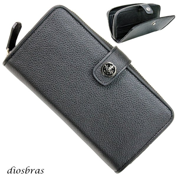 画像1: 長財布 ラウンドファスナー クロス シルバー925製 コンチョ 十字架 レザーウォレット 革財布 本革 レザー シュリンクレザー ラウンドジッパー ウォレット ハンドメイド 牛革 レディース おしゃれ スリム メンズ長財布  男性 女性 メンズ財布 ファスナー カード収納 大容量 (1)