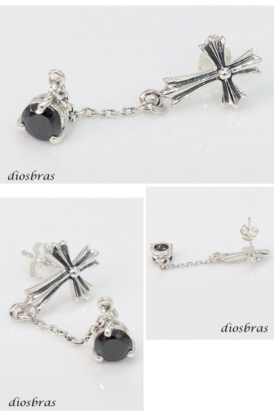 画像2: シルバー９２５ クロス チェーン ドロップピアス 十字架 ブラック 片方ピアス メンズ レディース ブリリアンカット 多角カッティング 極小クロス ジルコニア (2)