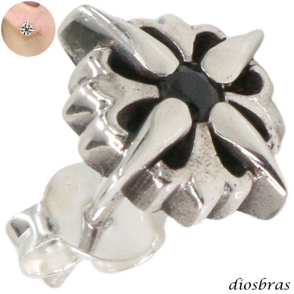 画像1: シルバー９２５ クロス 十字架 ブラック ジルコニア 太陽神 サンマーク 片方ピアス メンズ レディース ブリリアンカット 多角カッティング 極小クロス (1)