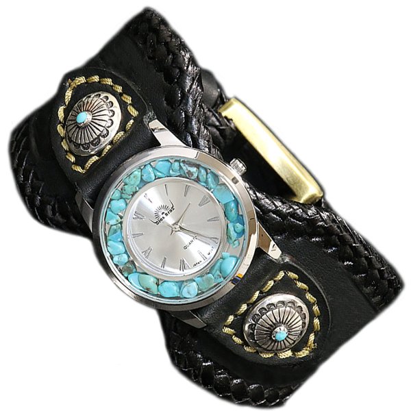 画像1: diosbras-ディオブラス- 本革サドルレザー カスタムウォッチ レザーウォッチ コンチョ 腕時計 シルバー９２５ ヌメ革 バイカー 牛革時計 インディアン メンズ ベルト 黒 ブラック (1)