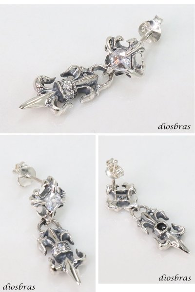 画像2: メンズピアス シルバーアクセサリー シルバーピアス ジルコニア バラ売り 片耳のみ シャープでキレイめハードな横顔に   メンズ アクセサリー ピアス クロス 十字架 フレア リリー 百合 ユリの紋章 ナイフ 剣 (2)