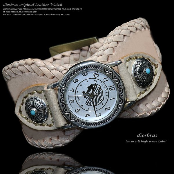 画像4: diosbras-ディオブラス- 本革サドルレザー カスタムウォッチ レザーウォッチ メンズ ベルト  コンチョ 腕時計 シルバー９２５ ヌメ革 バイカー 牛革時計 インディアン ナチュラル (4)