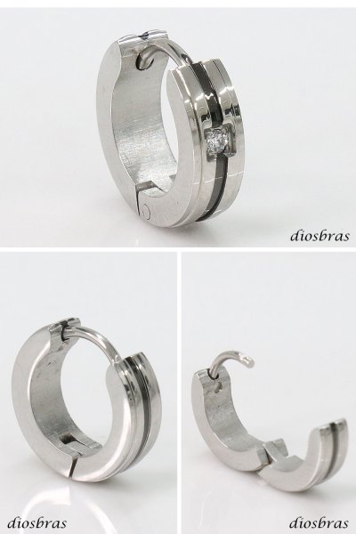 画像2: ステンレス フープピアス ジルコニア ブラックライン シルバー 金属アレルギー対応 メタル素材  シンプル 小さめ フープ ループ リング 輪っか ピアス アクセサリー メンズ レディース 中折れ式 メール便なら送料無料 13mm (2)