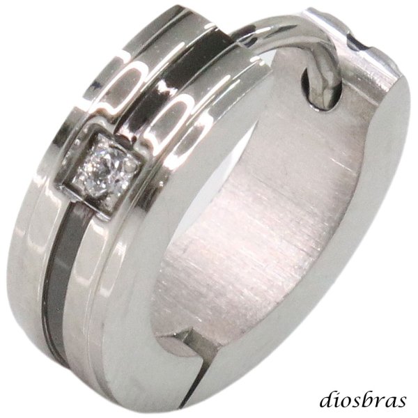 画像1: ステンレス フープピアス ジルコニア ブラックライン シルバー 金属アレルギー対応 メタル素材  シンプル 小さめ フープ ループ リング 輪っか ピアス アクセサリー メンズ レディース 中折れ式 メール便なら送料無料 13mm (1)