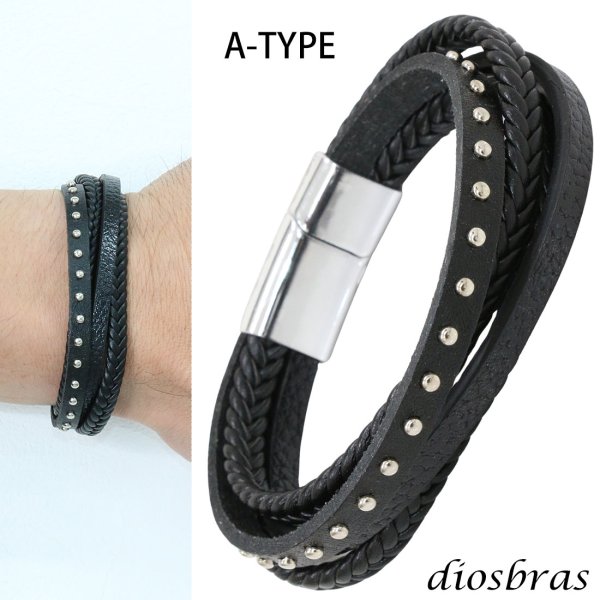 画像2: ブレスレット メンズ レザー ブレス スタッズ 3重 2重 2連ブレス クロス プレート インフィニティ 無限  選べる♪全5種類 本革 革 バングル レザーブレスレット レザーブレス アメカジ系 サロン系 キレカジ系 に♪ ピューター製 メール便なら送料無料 (2)