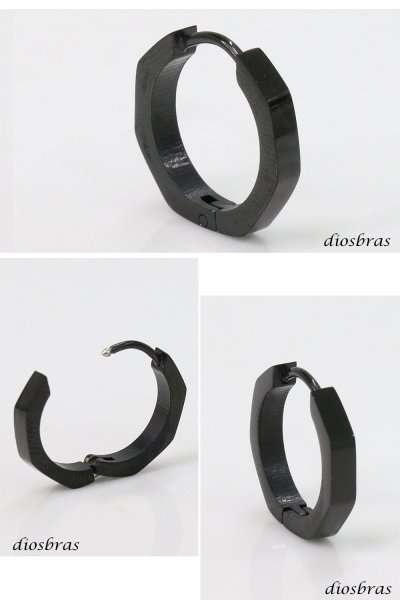 画像2: ステンレス フープピアス ブラック加工 多角形　6角形 シルバー 金属アレルギー対応 メタル素材 シンプル 小さめ フープ ループ リング 輪っか ピアス メンズ アクセサリー レディース 中折れ式 16.5mm (2)