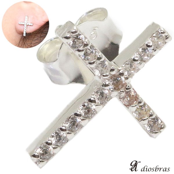 画像1: シルバー９２５ クロス 十字架 ホワイト ジルコニア 片方ピアス メンズ レディース ブリリアンカット 多角カッティング シルバー９２５ 極小クロス ジルコニア (1)