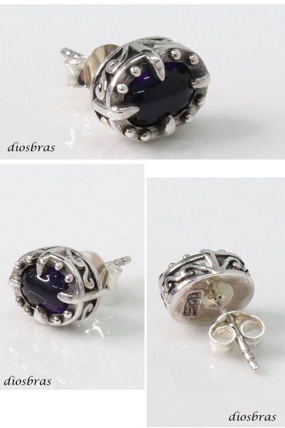 画像2: アメジスト ピアス 本物シルバー925  クロス 十字架 アラベスク ピアス 片方 パワーストーン ピアス片耳 片方販売ピアス メンズ レディース (2)