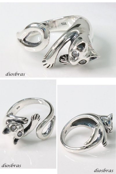 画像2: ネコ　巻き付き 猫　フリーサイズ リング　ジルコニア　シルバー925 シルバーリング  メンズ　レディース  ホワイト シンプル　スターリングシルバー ゴシック 指輪 ring silver925 銀 シルバーアクセサリー 男性 女性 レディース  シンプル ピンキー (2)