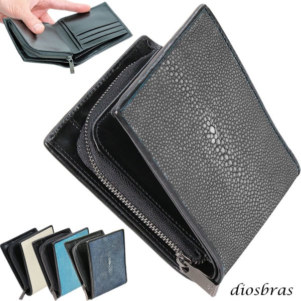 画像18: メンズ二つ折り レザーウォレット 本革 スティングレイ エイ革 ガルーシャ シンプルウォレット スリム 薄い 短財布 レザーウォレット 革財布 皮財布 ショートウォレット ウォレット 紳士財布 婦人財布 サイフ 二つ折り財布 メンズ レディース 財布 L型コインファスナー (18)