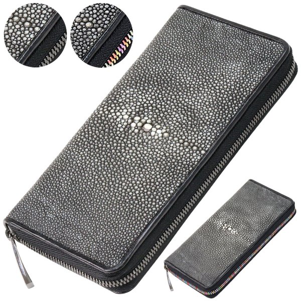 画像1: 財布 ラウンドファスナー メンズ レディース 本革 カットスティングレー エイ革  大容量 ラウンドファスナー ウォレット ガルーシャ ラウンド ジッパー ＺＩＰＰＥＲ 財布 ヌメ革 レザーウォレット ロングウォレット バイカー 長財布 牛革 紳士 婦　VALENA-ヴァレナ- (1)