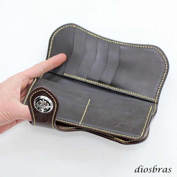 画像5: 【diosbras-ディオブラス】本革サドルレザーカービングウォレット  アラベスク　カービングバイカーズウォレット　長財布/ロングウォレット　牛革財布　シルバー９２５コンチョヌメ革サイフwallet【CG】 (5)