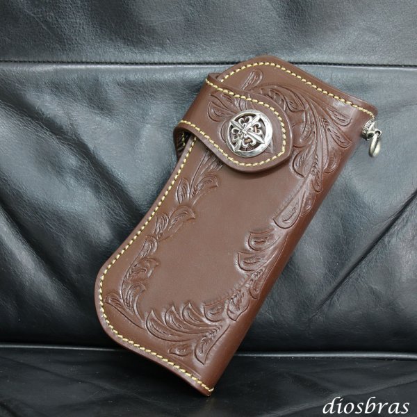 画像6: 【diosbras-ディオブラス】本革サドルレザーカービングウォレット  アラベスク　カービングバイカーズウォレット　長財布/ロングウォレット　牛革財布　シルバー９２５コンチョヌメ革サイフwallet【CG】 (6)
