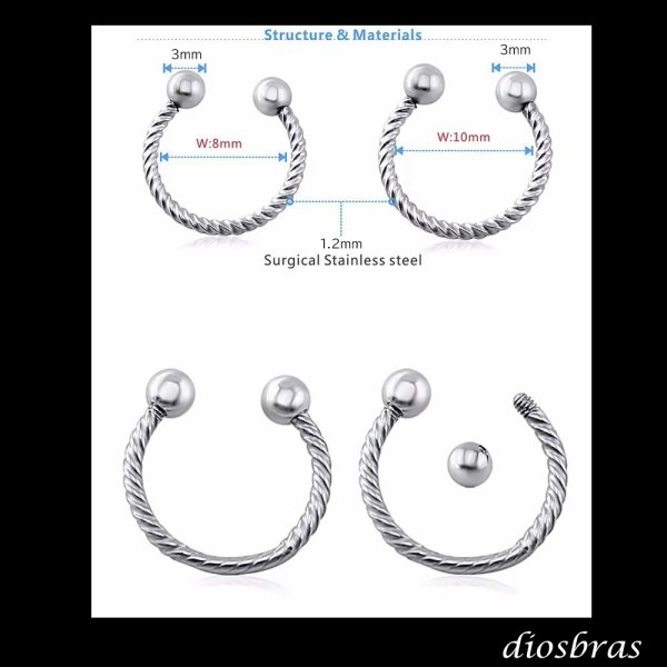 画像2: フープ　リング サーキュラーバーベル ボディーピアス ロープ ねじり ステンレス メンズ 16G 16ゲージ 鼻ピアス　軟骨ピアス つけっぱなし トラガス 軟骨ピアス ボディーピアス 耳たぶ 舌ピ へそピアス インダストリアル ファーストピアス セカンドピアス (2)