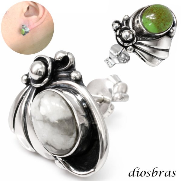 画像1: グリーン ターコイズ ピアス  本物シルバー925  ピアス 片方 トルコ石 ナバホ ネイティブアメリカン インディアン ジュエリー ワンポイント パワーストーン ピアス片耳 片方販売ピアス メンズ レディース 6 5mm メール便なら送料無料 (1)