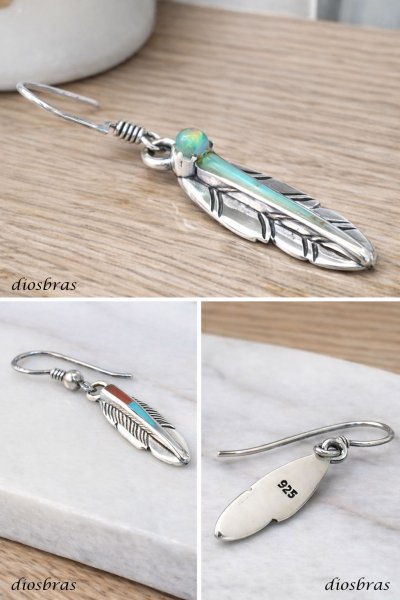 画像5: メンズピアス  シルバーアクセサリー  シルバー925 ピアス  バラ売り 片耳のみ  ターコイズ　イミテーション オパール 赤珊瑚 パウアシェル　シェル イーグル ドロップピアス (5)