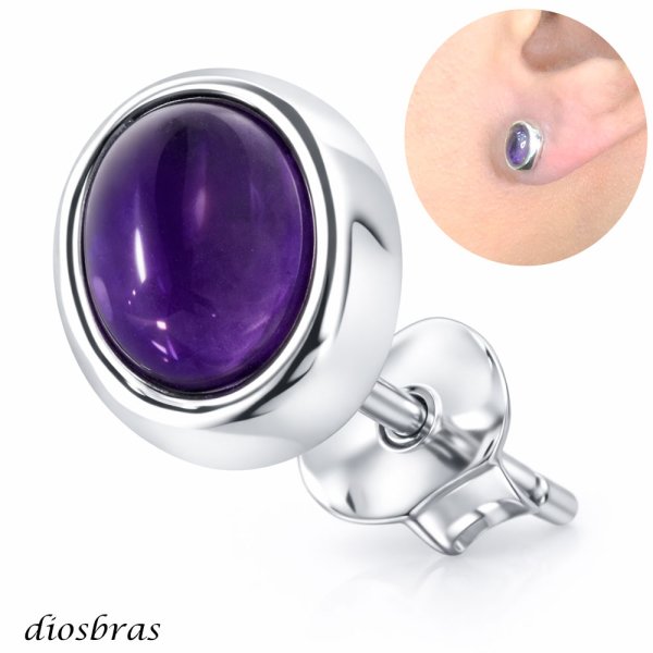 画像1: アメジスト ピアス 楕円 オーバル ワンポイント しずく 本物シルバー925  ピアス 片方 パワーストーン ピアス片耳 片方販売ピアス メンズ レディース イヤリング (1)