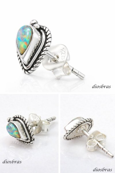 画像2: オパール ピアス イミテーションオパール ワンポイント しずく 雫 本物シルバー925  ピアス 片方 パワーストーン ピアス片耳 片方販売ピアス メンズ レディース イヤリング (2)