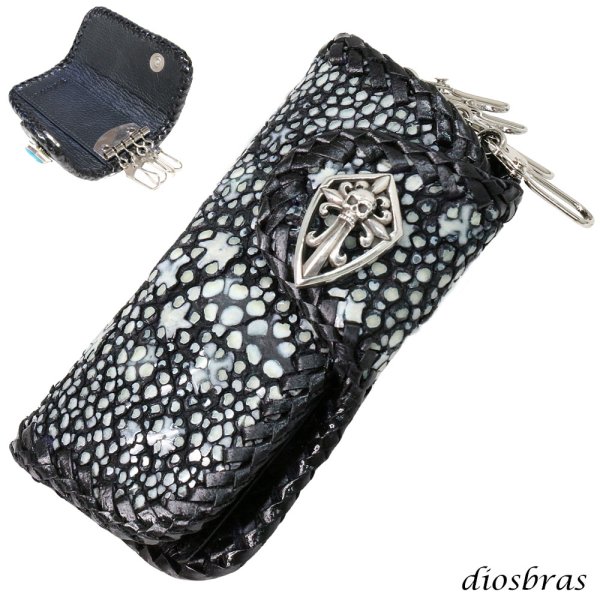 画像1: キーケース　４連　ガルーシャ　スティングレイ メンズ レディース 本革 スティングレー スター エイ革 梅花皮 かいらぎ イバラエイ ガルーシャ   スタースティングレー バイカー 牛革 ハンドメイド　コンチョ (1)