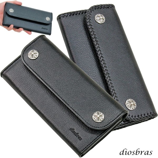 画像1: 長財布 クロス トラッカーウォレット シルバー925製 コンチョ 十字架 レザーウォレット 革財布 本革 レザー シュリンクレザー かぶせ財布 ウォレット ハンドメイド 牛革 レディース おしゃれ スリム メンズ長財布  男性 女性 メンズ財布 ファスナー カード収納 大容量 (1)