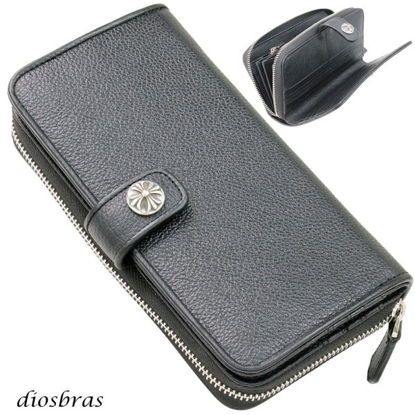 画像1: 長財布 クロス トラッカーウォレット シルバー925製 コンチョ 十字架 レザーウォレット 革財布 本革 レザー シュリンクレザー かぶせ財布 ウォレット ハンドメイド 牛革 レディース おしゃれ スリム メンズ長財布  男性 女性 メンズ財布 ファスナー カード収納 大容量 (1)