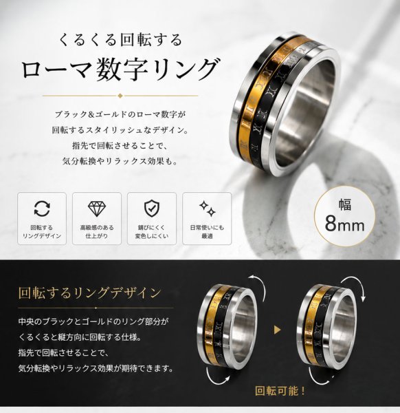 画像3: ステンレス  リング 回転式 スピナー リング ローマ字  シルバー 金属アレルギー対応 光沢 ゴールド 金 リング アクセサリー メンズ レディース (3)