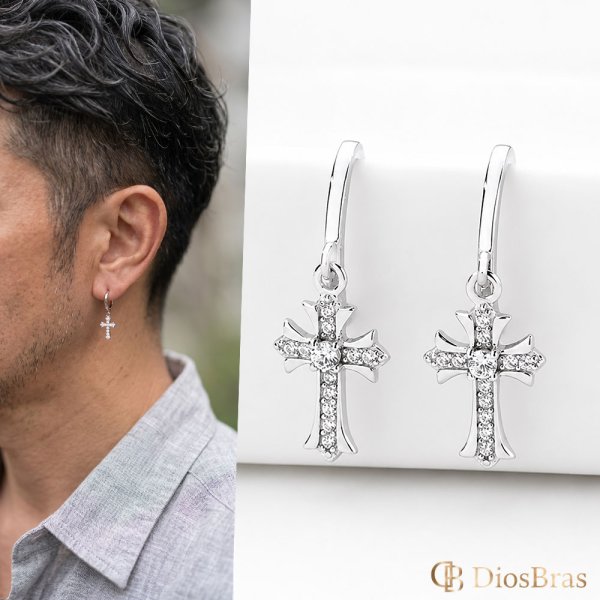 画像1: シルバー９２５  クロス 十字架 フープ  リング ジルコニア リングピアス ドロップピアス 片方 両耳 ピアス メンズ レディース  多角カッティング リングデザイン シルバー９２５ フープピアス 極小クロス (1)